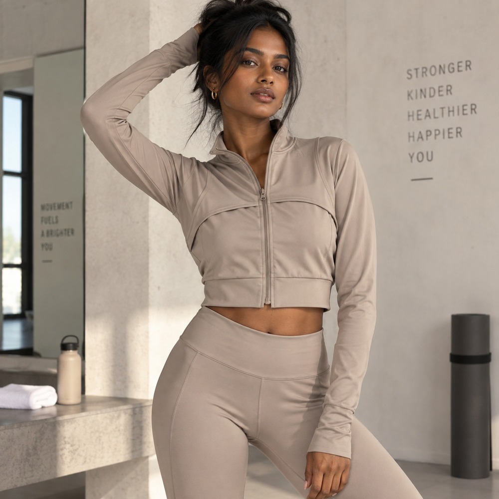Flex Time Crop Women's Zip Up Jacket Yoga Taupe Mesh Panel Mock Neck NWT Large